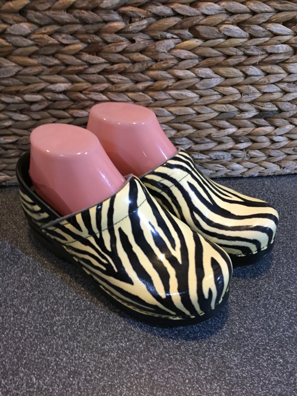 Dansko Zebra Print Patent Leather Clogs in Black and Cream